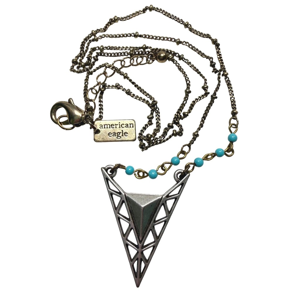 AMERICAN EAGLE Geometric Triangle Pendant Necklace Turquoise Bead 22" Chain